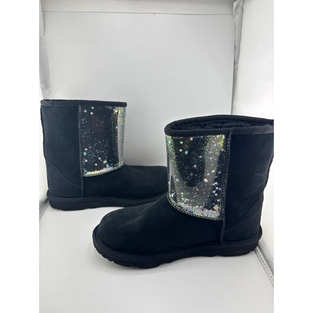 UGG Classic Short Starry Glitter Black Suede Fur Lined Boots Women 6 1116192